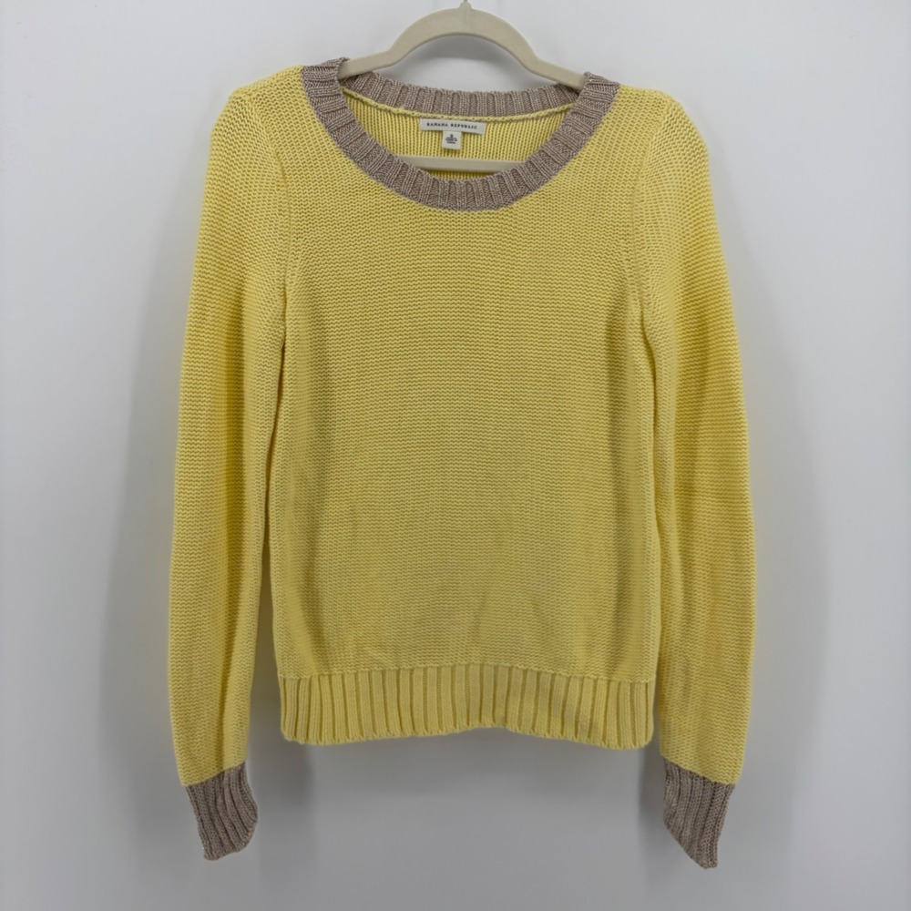 Banana Republic Womens Small Yellow Cotton Shaker Knit Metallic Trim Sweater